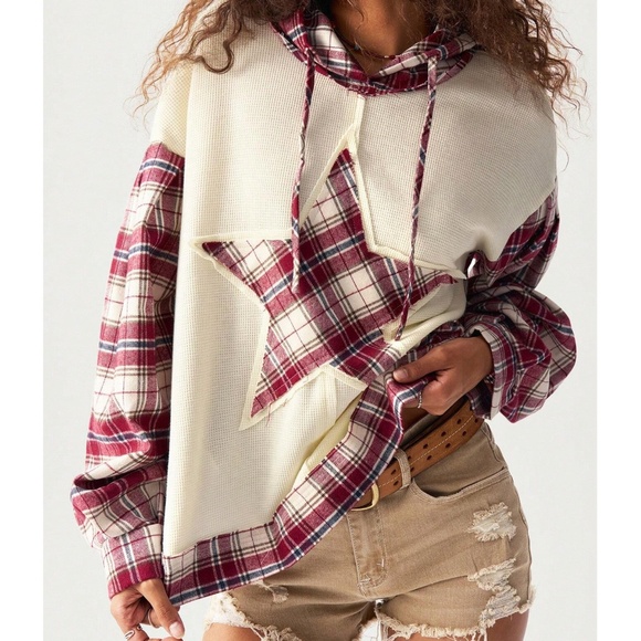 Boho Plaid Star Hoodie Loose Fit Drawstring Top - Picture 1 of 6